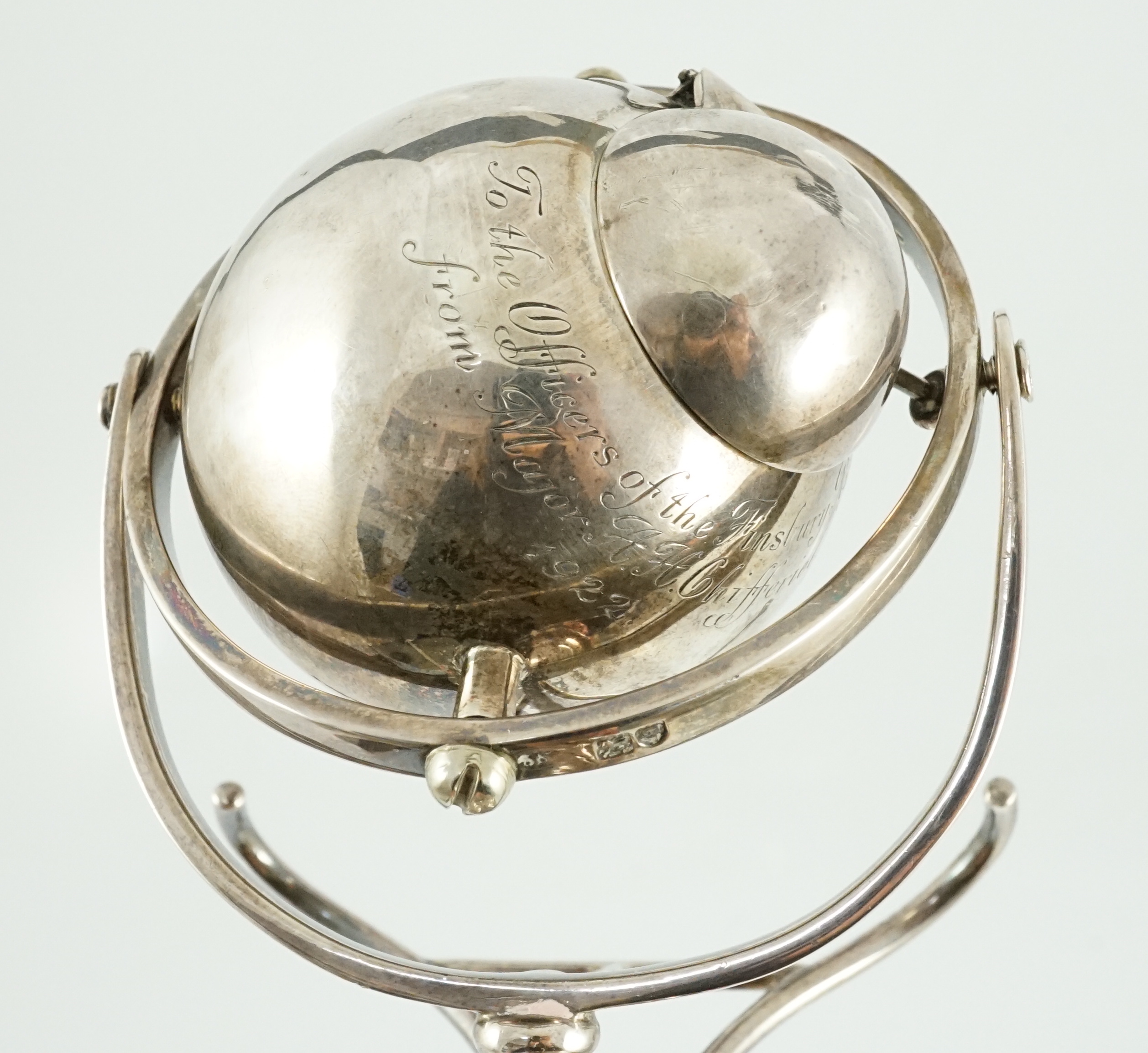 The Finsbury Rifles. An Edwardian silver and antler horn gimballed table lighter, retailed by Asprey & Co, London, 1907